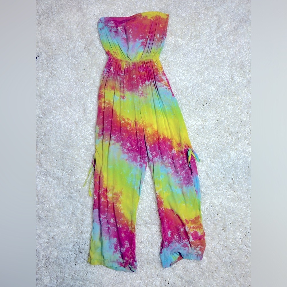 Tiare Hawaii Osaka Tie Back Jumpsuit S/M Tie Dye Slits Wide Leg Pocket Rayon
